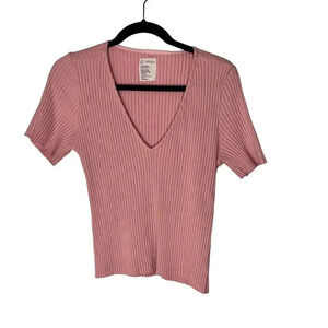 For Days Women's XL Pink Ribbed V-Neck Short Sleeve Knit Top Casual